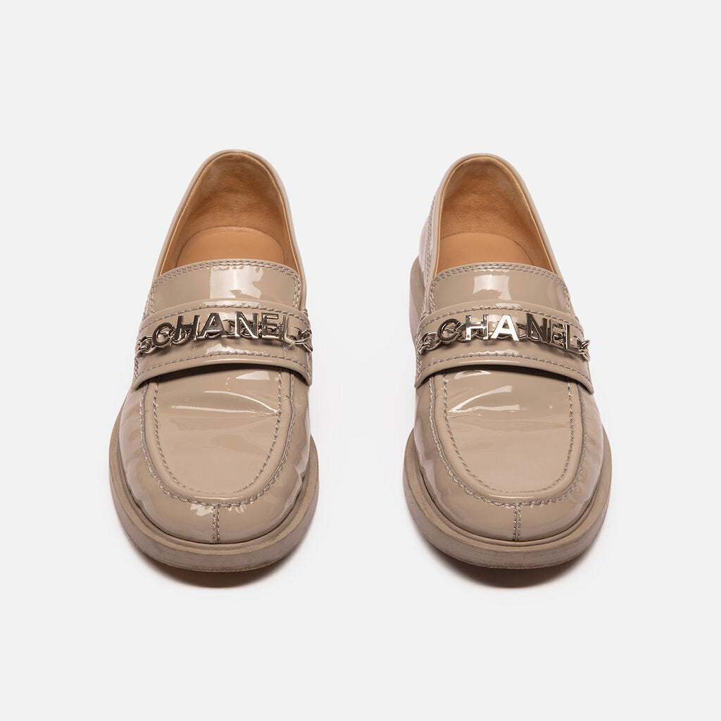Chanel Grey Patent Logo Loafer