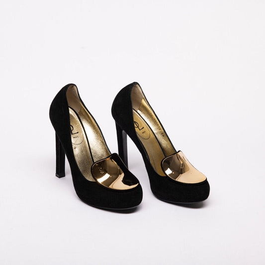 YSL Yves Saint Laurent Black Suede Gold Toe Heels